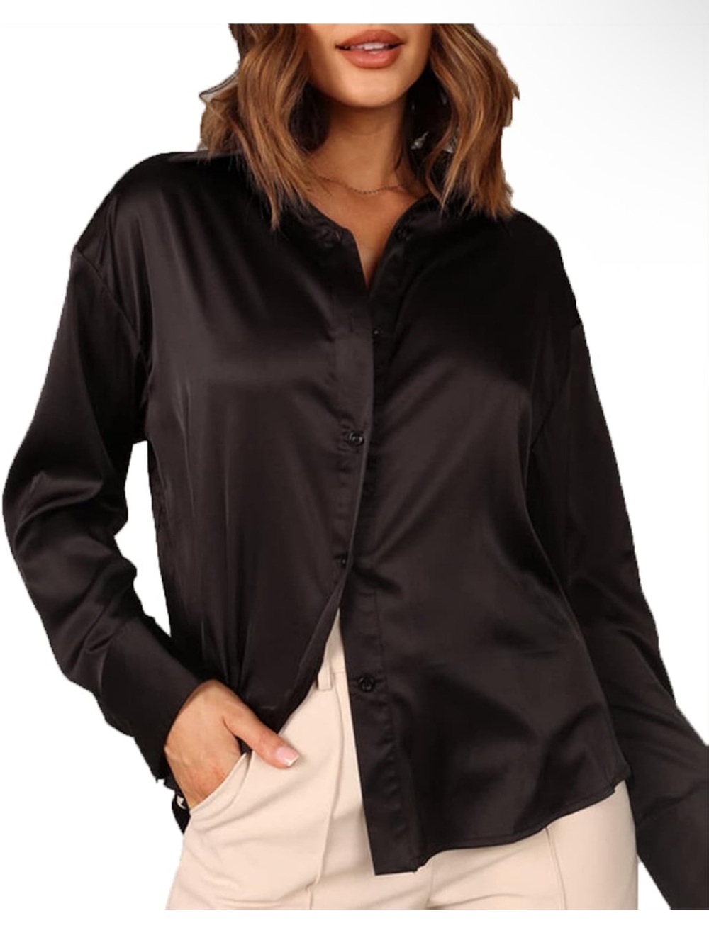 Satin Button-Front Shirt Blouse - Black